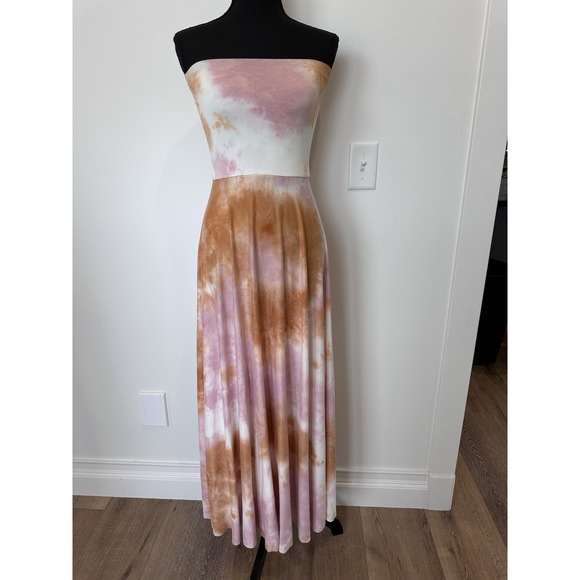 Elan Womens XS Pink Orange Tie Dye Strapless Tube Top Knit Long Maxi Dress - Picture 1 of 4